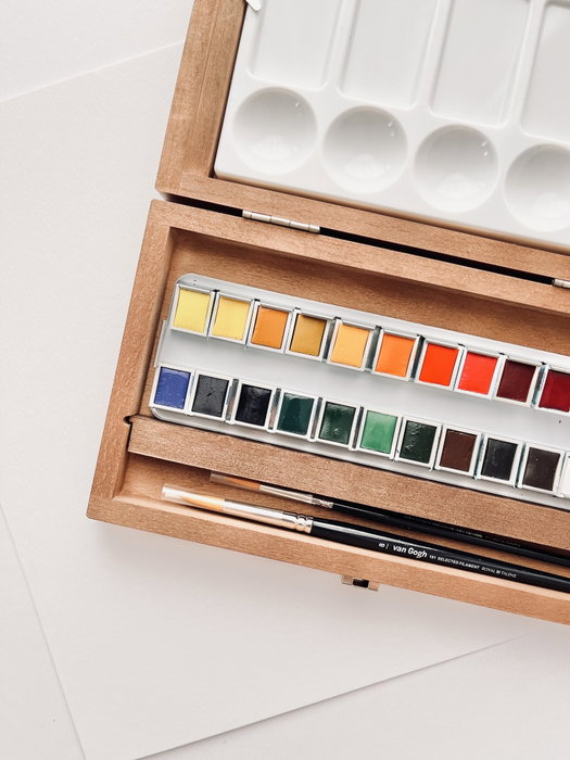 Van Gogh Set d'aquarelles en boîte en bois, 24 couleurs en demi-pastilles et 3 accessoires
